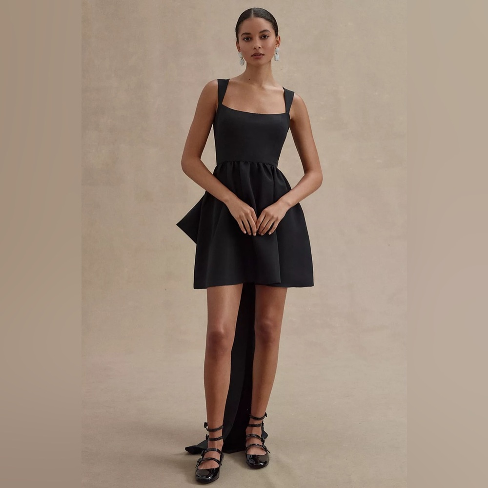 Sachin & Babie Taffeta Square-Neck Bow Train Mini Dress Black